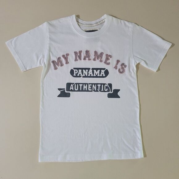 My Name is Panama Men's White Appliqué Front Crew Short Sleeve Tee - Picture 1 of 12